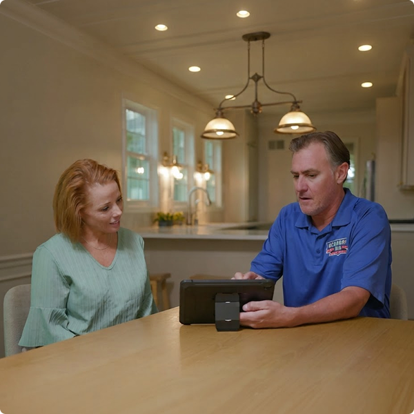 Academy Air technician talking with a homeowner at her kitchen island