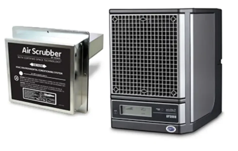 Duct-mounted air scrubber beside a portable air purifier unit