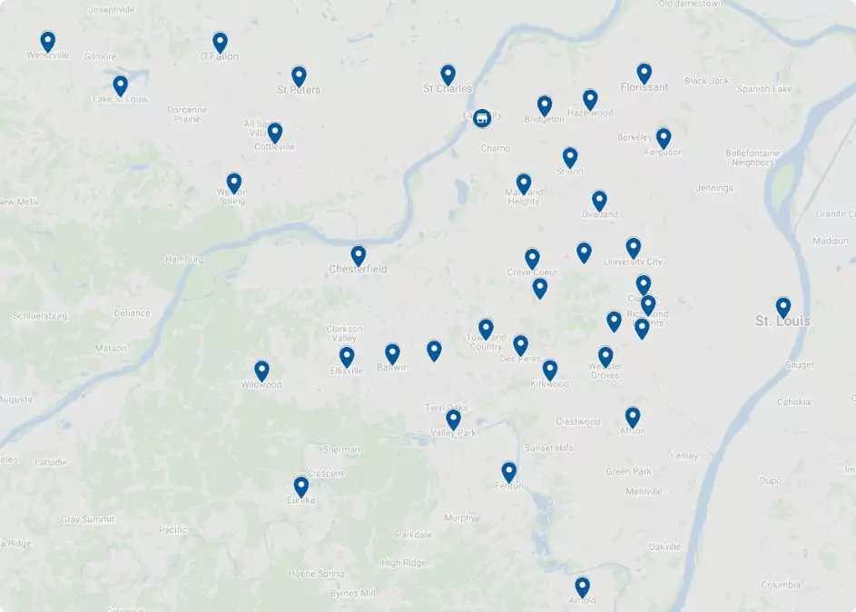 Map of the St. Louis area with pins marking the communities Academy Air serves