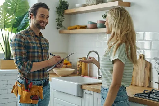 A young female homeowner discussing plumbing issues with a male plumber holding a clipboard in a kitchen in Collinsville, IL.