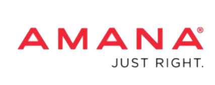The Amana logo in red capital letters, with the words "JUST RIGHT." in smaller gray text beneath it on a light background, as featured by Academy Air.